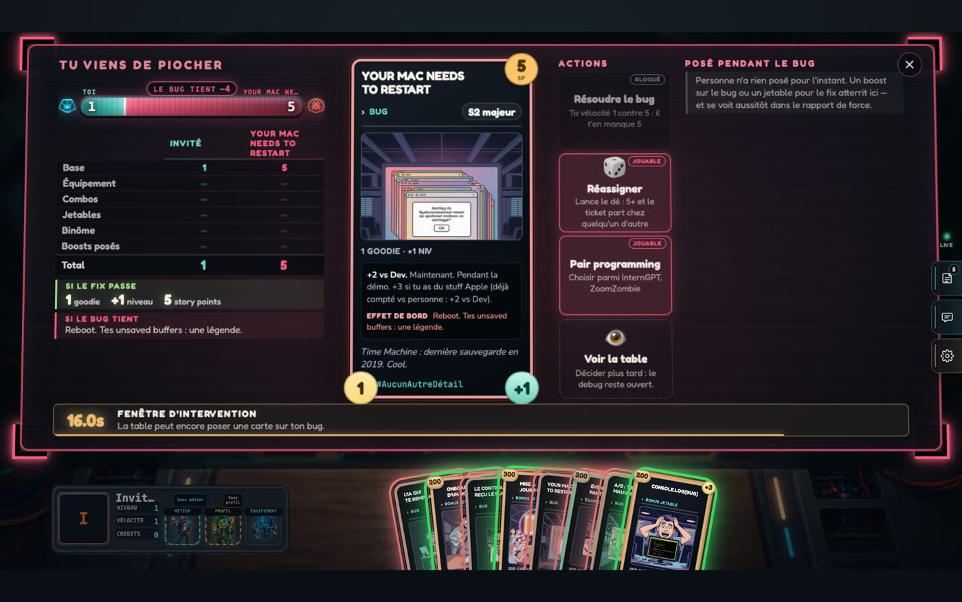 Fiche de debug : à gauche le décompte vélocité contre story points, au centre la carte du bug, à droite les actions possibles.