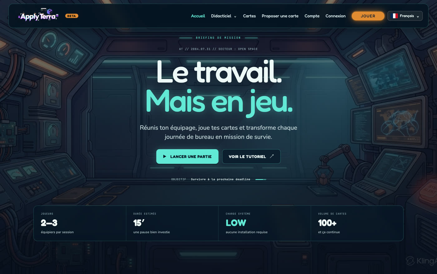 Page d'accueil d'ApplyTerra : un cockpit sombre, le titre « Le travail. Mais en jeu. » et deux boutons, Lancer une partie et Voir le tutoriel.