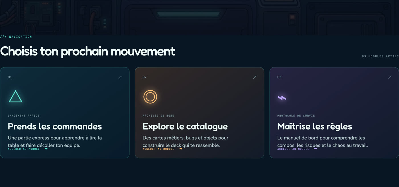 Trois cartes de navigation : Prends les commandes, Explore le catalogue, Maîtrise les règles.